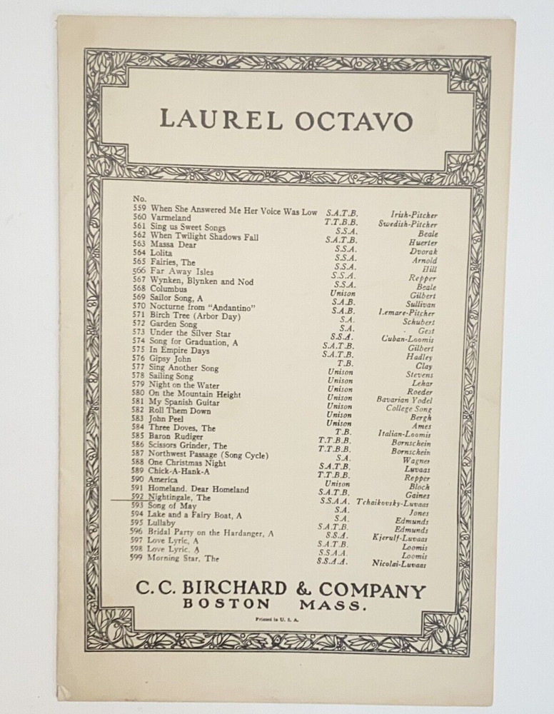 Vintage 1929 Laurel Octavo The Nightingale Sheet Music by Tchaikovsky