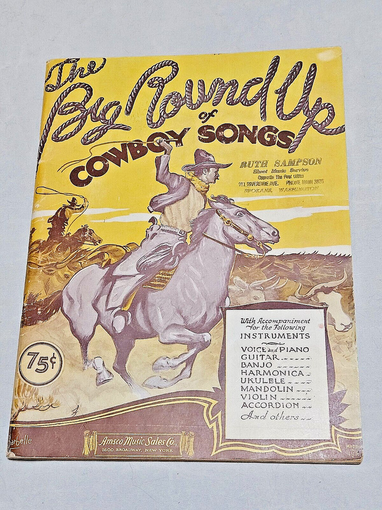 1934 THE BIG ROUND UP OF COWBOY SONGS AMSCO MUSIC INSTRUMENTAL ACCOMPANIMENT