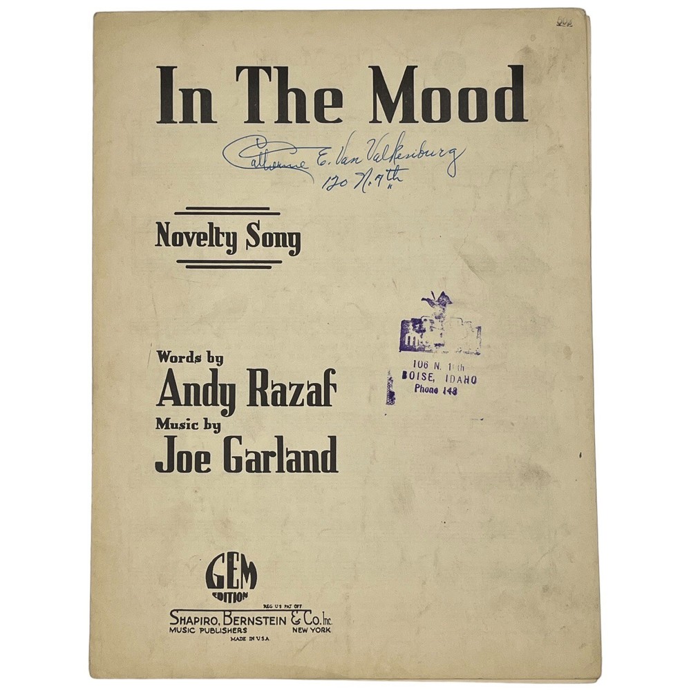 Vintage Sheet Music IN THE MOOD 1939 Novelty Song Razaf/Garland Van Valkenburg