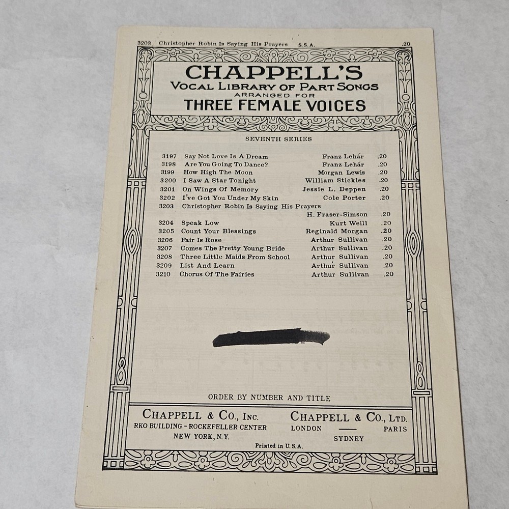 Christopher Robin is Saying His Prayers Arranged for Three Female Voices 1924