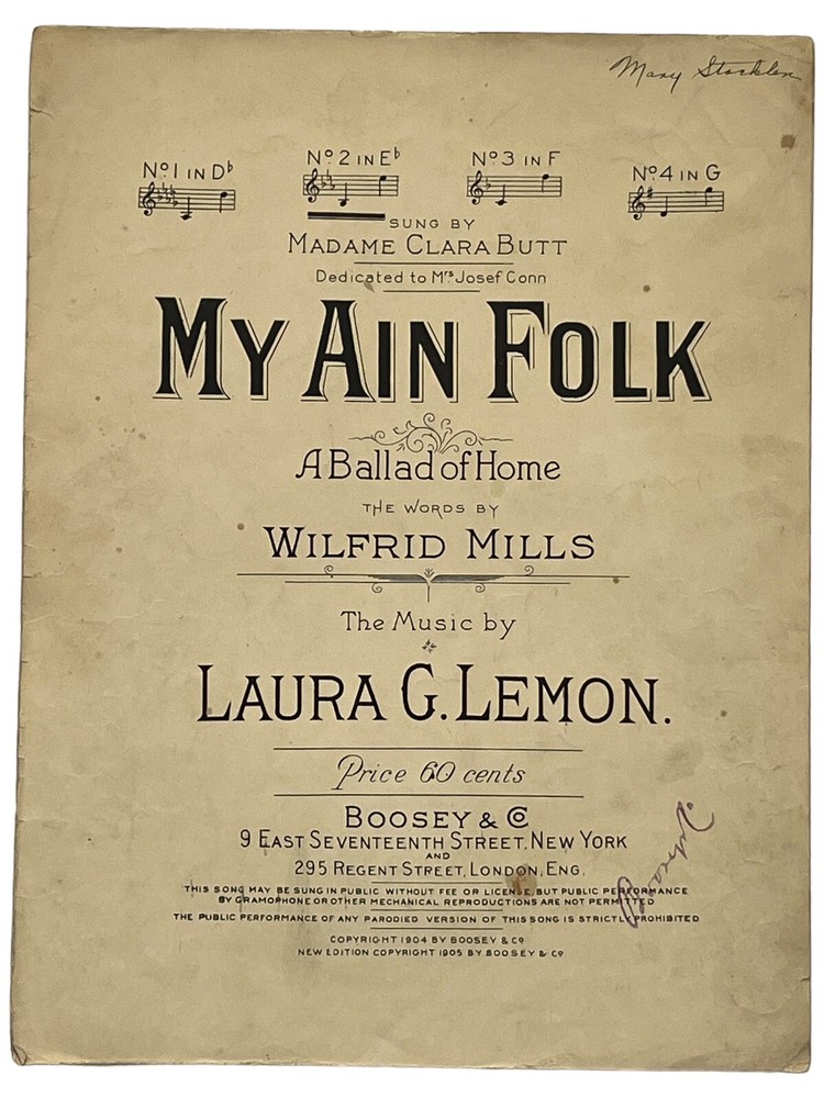 1904 Sheet Music MY AIN FOLK Laura G. Lemon Wilfrid Mills Madame Clara Butt