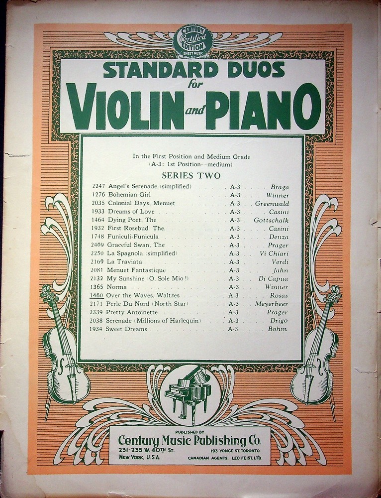 VINTAGE 1909 SHEET MUSIC STANDARD DUOS FOR VIOLIN AND PIANO CENTURY MUSIC
