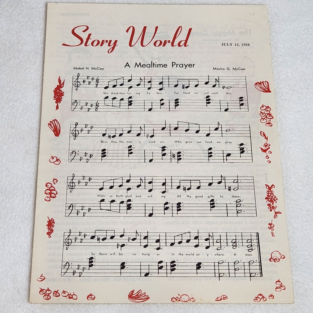 1956 Story World Sheet Music A Mealtime Prayer & Child&rsquo;s Story by M. McCaw