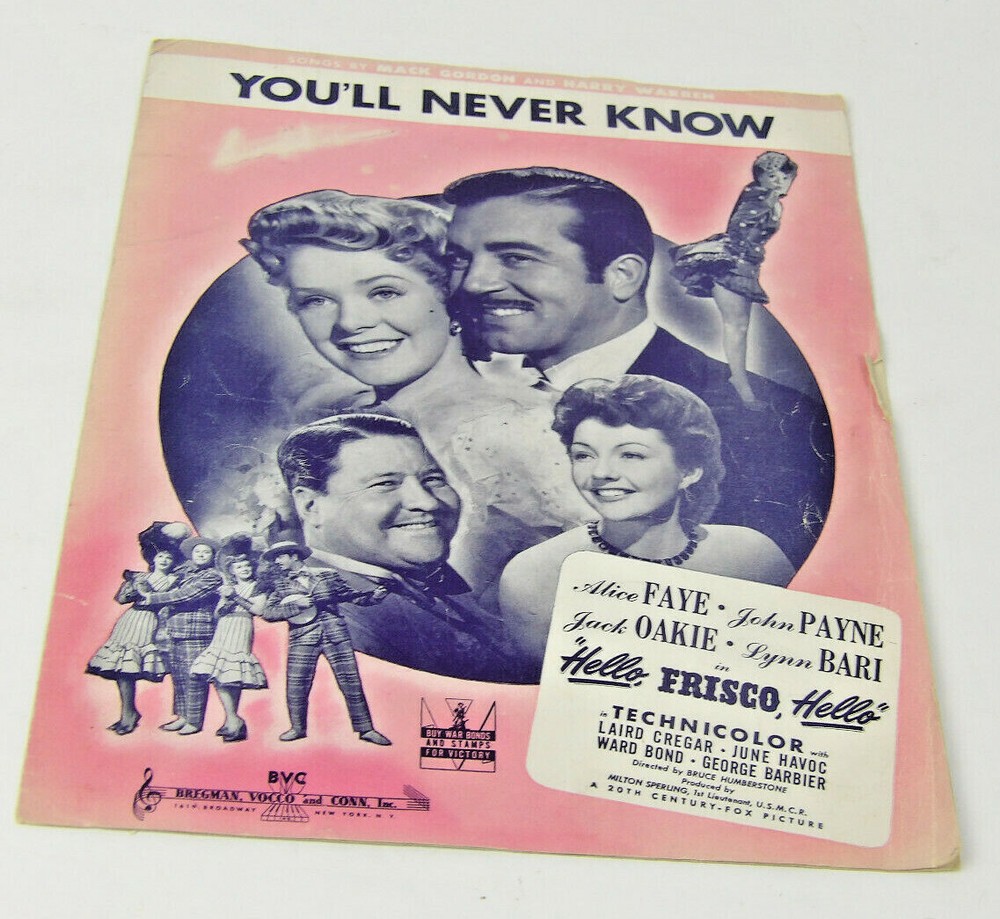Vintage Sheet Music You&rsquo;ll never know 1943 20th Century Fox.