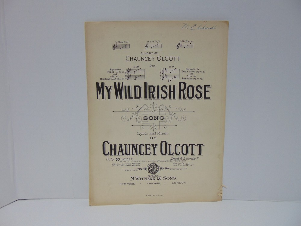 My Wild Irish Rose Duet Sheet Music Chauney Olcott 1922 M. Witmark & Sons