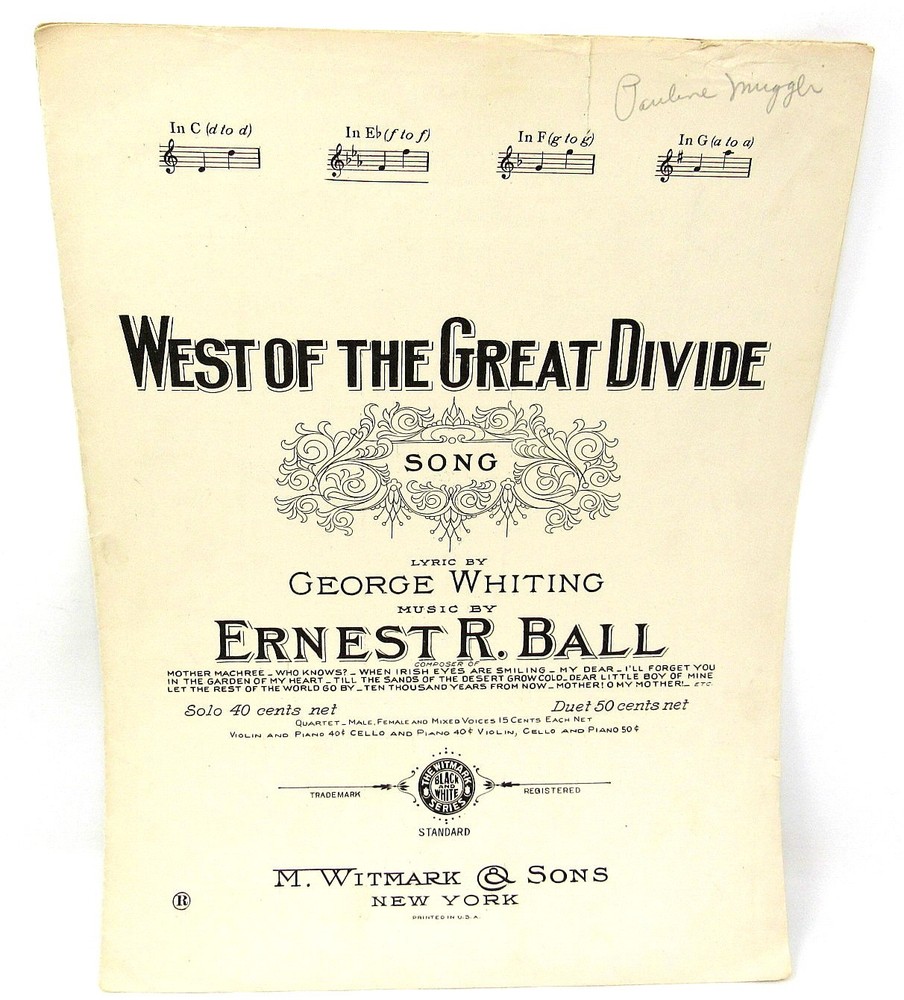 West of the Great Divide Sheet Music 1924 Piano Clean Words Music Poem US Seller