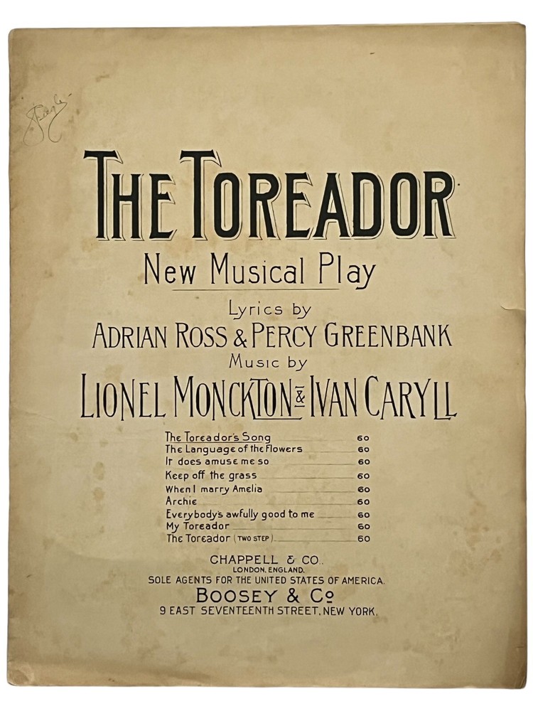 1901 Sheet Music THE TOREADOR New Musical Play Lionel Monckton & Ivan Caryll