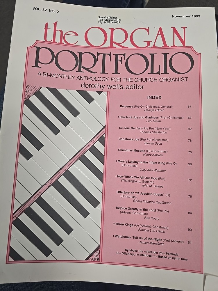 Organ Portfolio Vocal Selections Church Organist Lorenz November 1993 V55N2 G438
