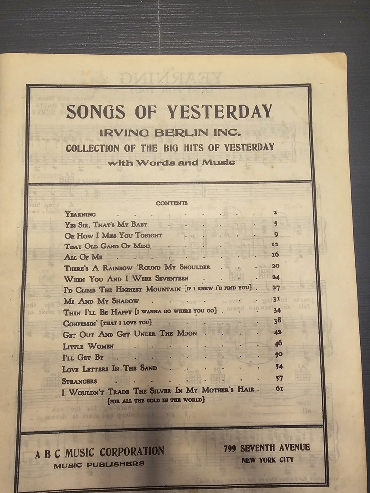 Songs Of Yesterday Sheet Music irving Berlin