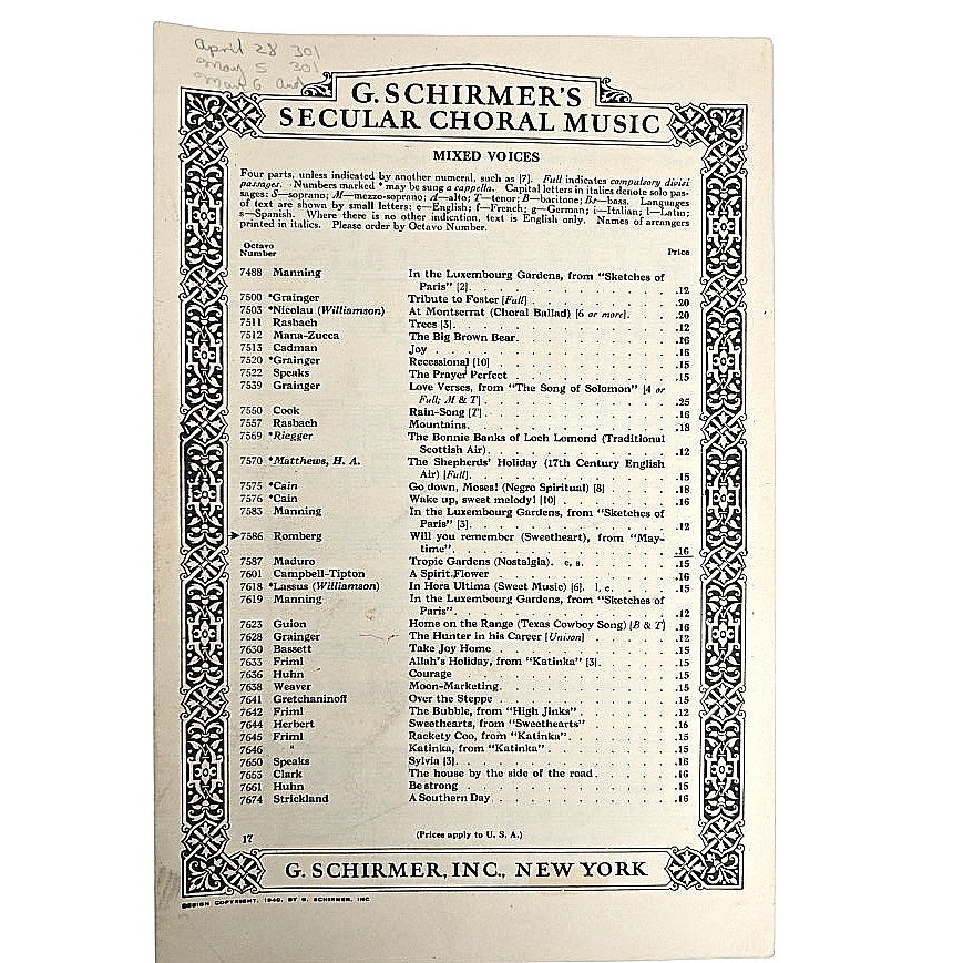 Will You Remember Sweetheart Sheet Music Piano Lyric 1944 SATB Choral Vtg