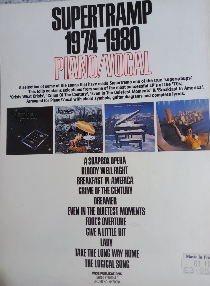 SUPERTRAMP 1974-1980 Songbook Piano vocal guitar Guitar tabs VG
