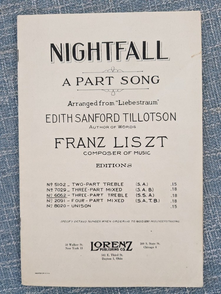 NIghtfall 3 Part Treble SSA by Franz Liszt Arranged by Edith S Tillotson 1932