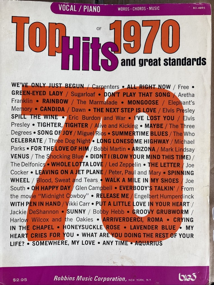 Top Hits 1970 Songbook Vocal Piano Chords Robbins Music