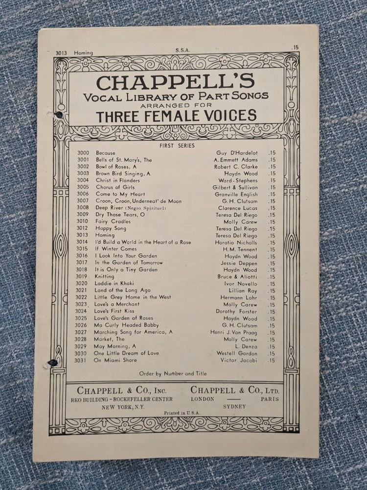 Homing SSA Three Female Voices by Isabel Dungan Ferris 1925