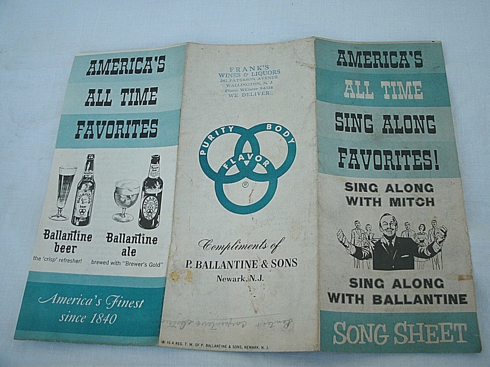 1960&rsquo;sP Ballantine Beer-SING ALONG SONG SHEET– Mitch Miller–Promotional