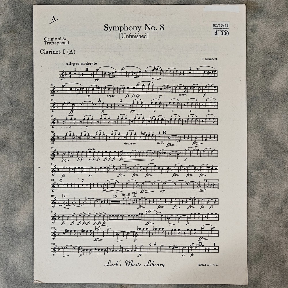 Schubert Symphony No.8 Unfinished Clarinet I Part A & Bb Lucks Music c.1980s USA