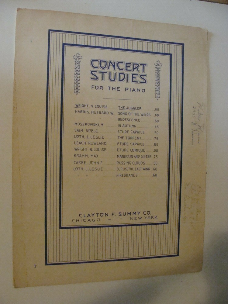The Juggler Op 12 No 3 piano solo by N Louise Wright 1913