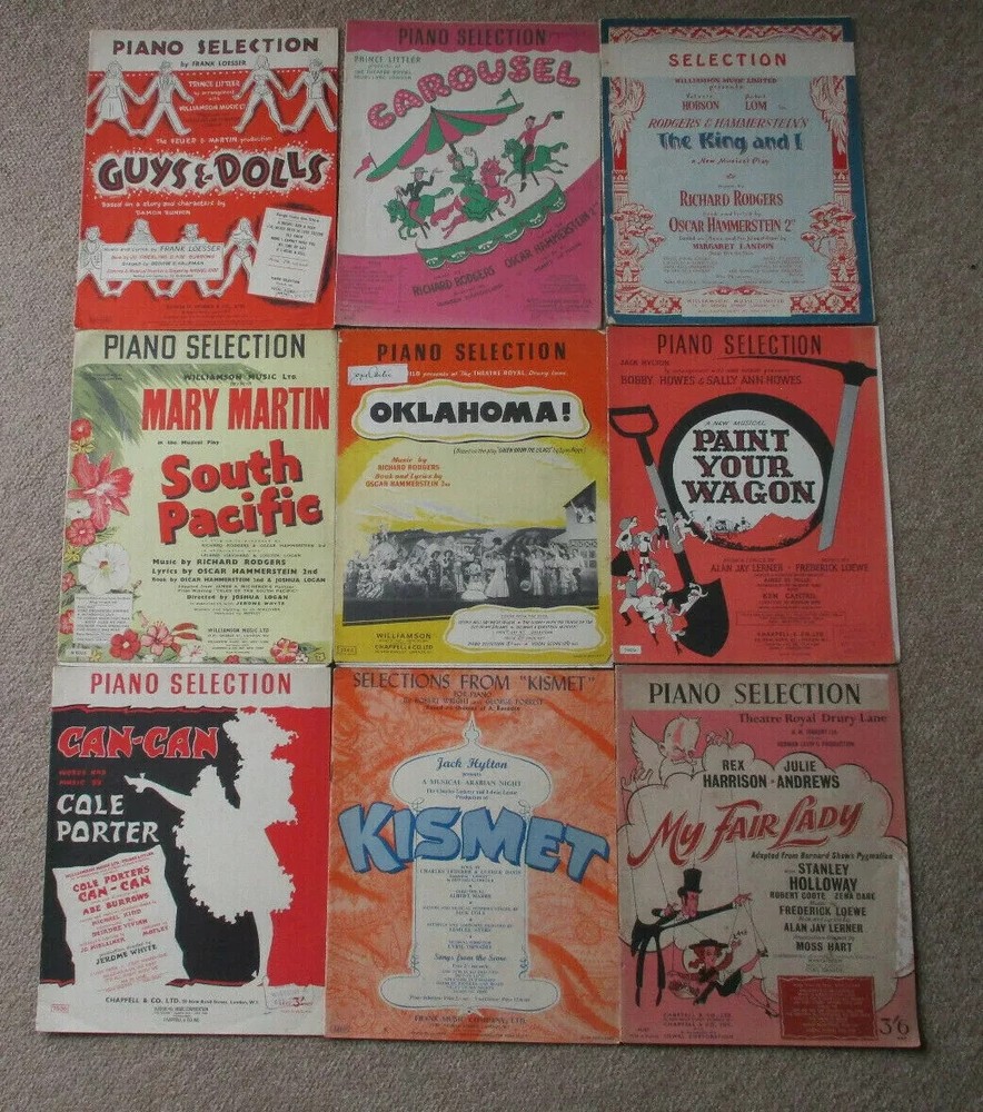 9 Sheet Music albums. Guys & Dolls, Kismet, Can-Can, Carousel, Oklahoma! etc