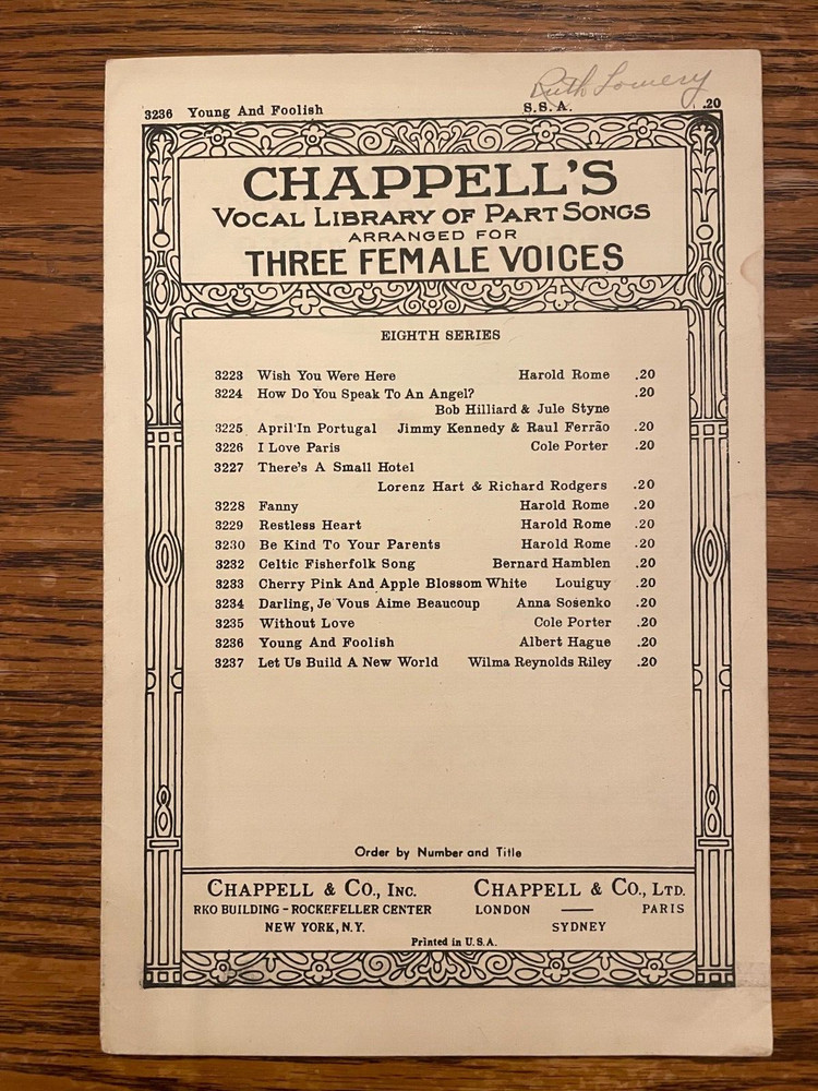 Young And Foolish Chappell&rsquo;s Vocal Library Part Songs Three Female Voices 1955