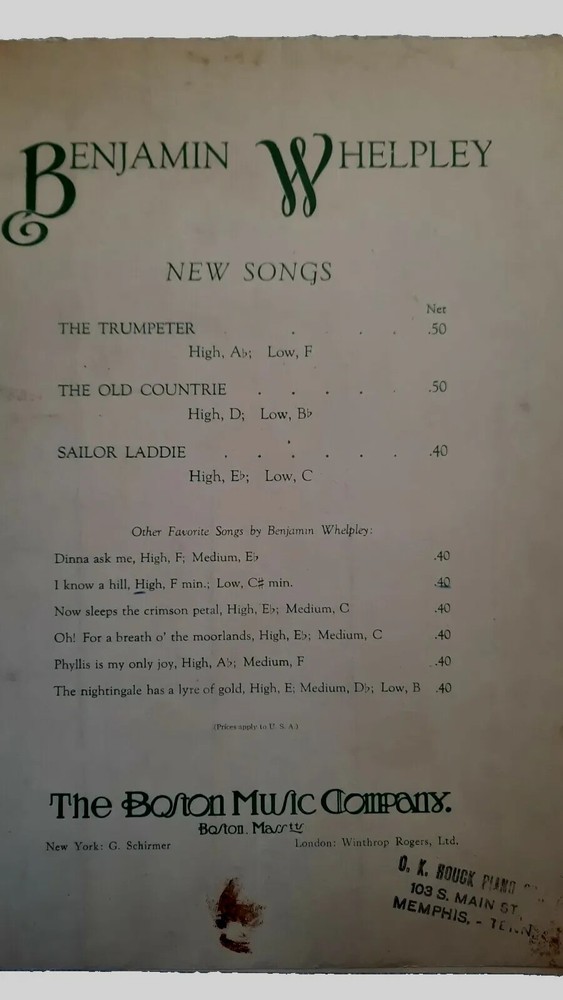 Piano sheet Music I Know A Hill Early 1900&rsquo;s Benjamin Whelpley Boston M.C. G