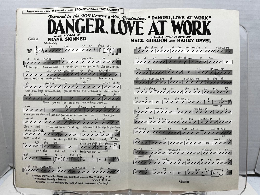 Danger, Love At Work Sheet Music from 20th Century Fox 1937 Guitar Frank Skinner