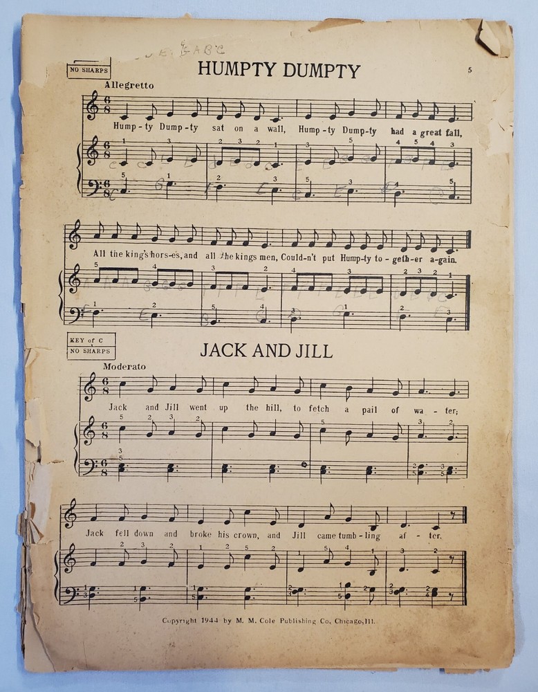 Mystery Children&rsquo;s Songbook Sheet Music Anthology 1944 MM Cole Vintage No Cover