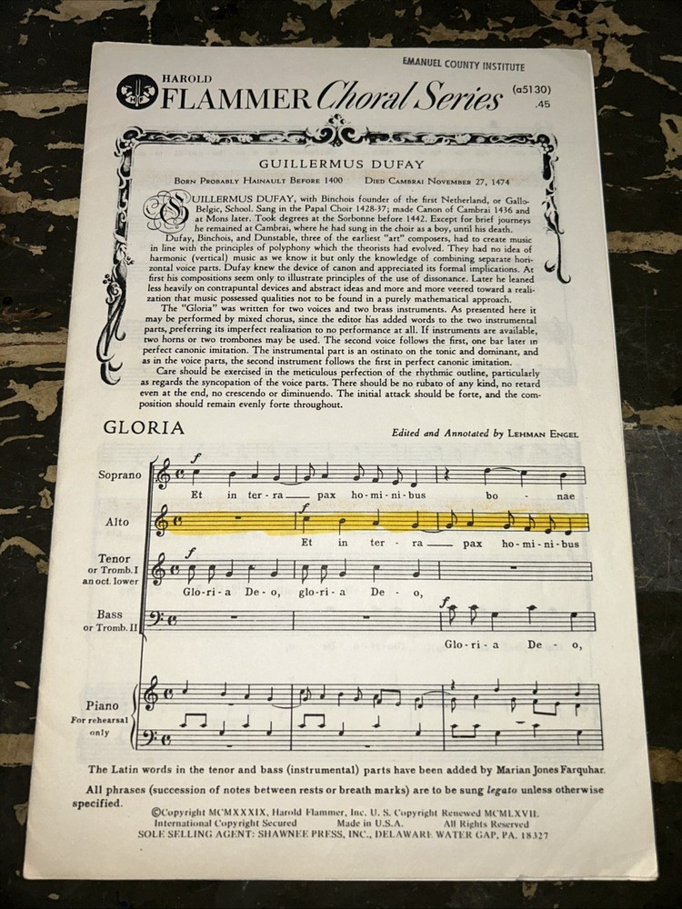 Gloria Guillermus Dufay Harold Flammer A5130 1939 SATB F11