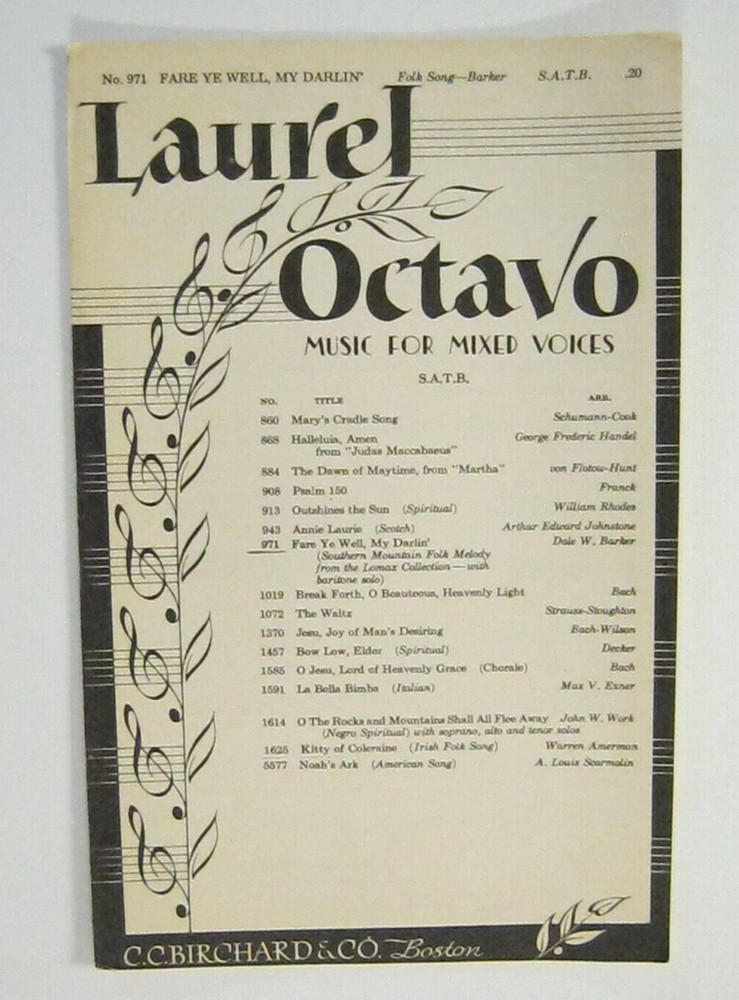 Fare Ye Well My Darling Barker C C Birchard No971 1955 SATB