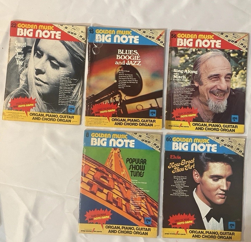 5 Golden Music Big Note Books Organ Piano Guitar Elvis, Mitch Miller, Blues Show