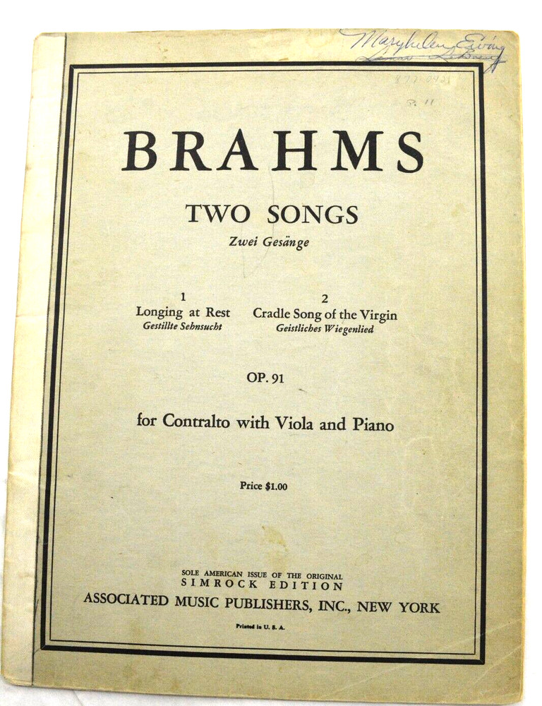 Brahms Two Songs Zwei Gesange OP.91 for Contralto with Viola & Piano Song Book