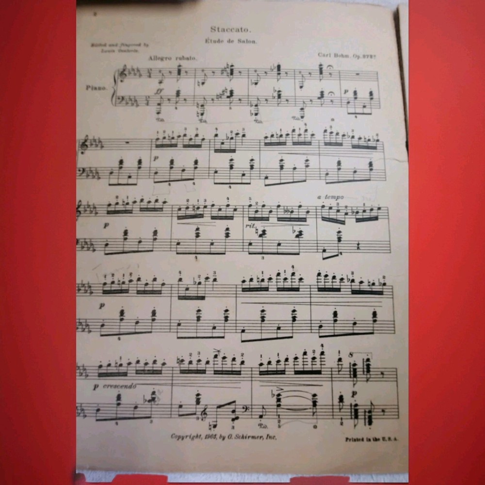 Piano Violin Sheet Music Staccato Etude De Salon Bohm Schirmer Vtg 1905 G