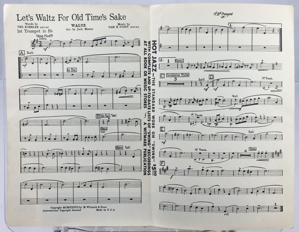 Let&rsquo;s Waltz For Old Times Sake Trumpet Sheet Music by Jack Mason M Witmark 1937