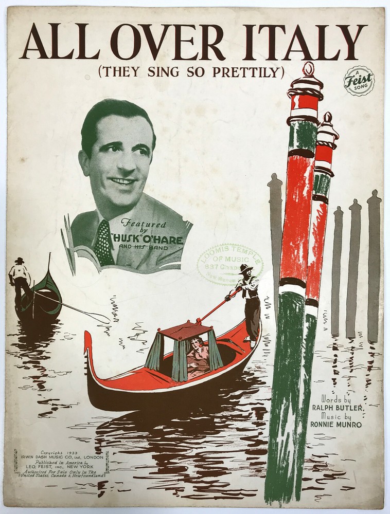 All Over Italy (They Sing So Prettily) &rsquo;33 Sheet Music Husk O&rsquo;Hare Cover Gondola