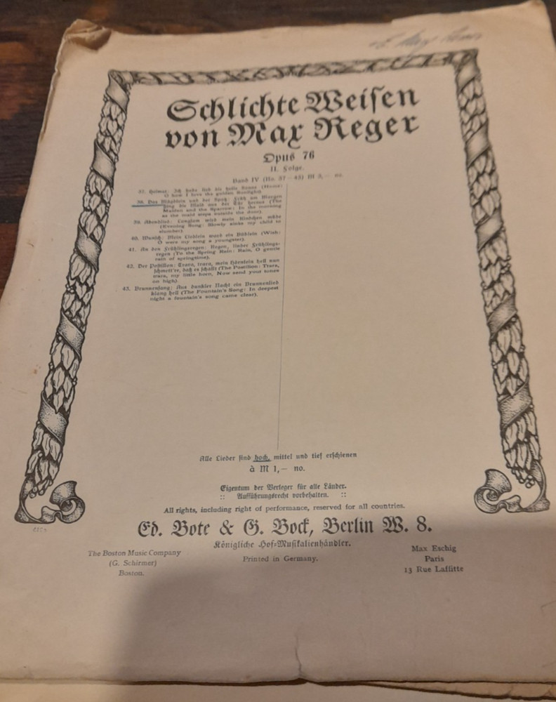MAX REGER/ THE MAIDEN AND THE SPARROW, VOCAL AND PIANO