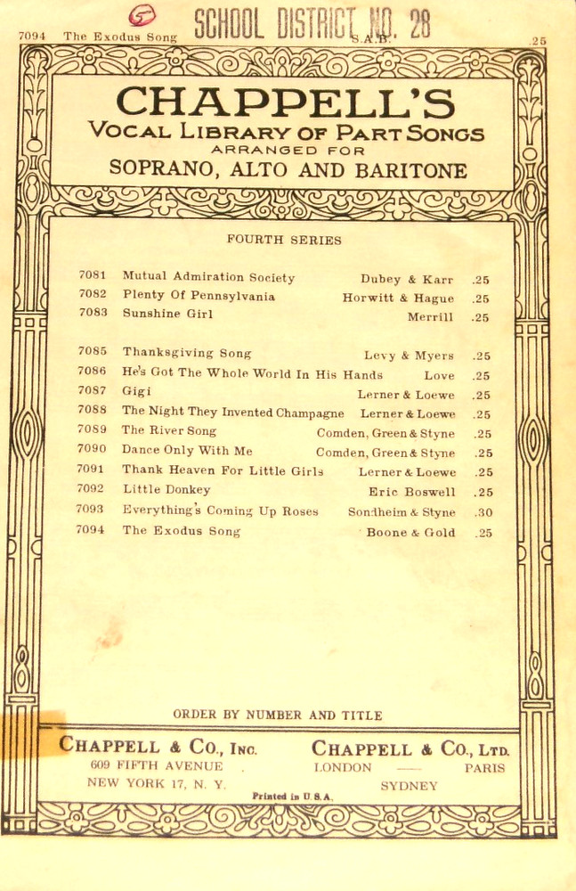 The Exodus Song by Boone & Gold (SABar) Chappel&rsquo;s Vocal Library 1961 Fr