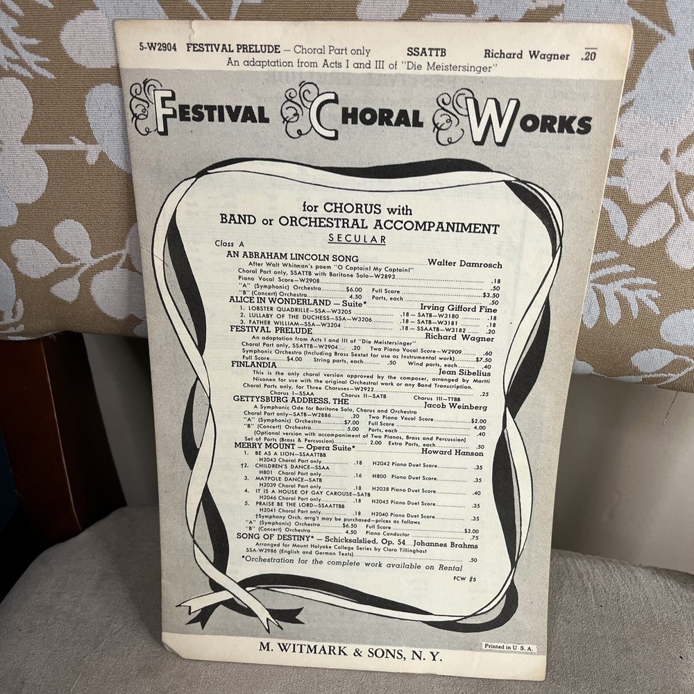 1936 Festival Prelude by Richard Wagner Choral Only Sheet Music M. Witmark & Son