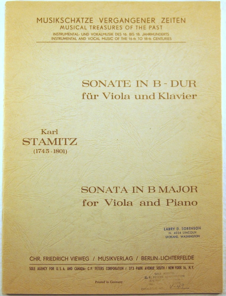 MUSICAL SCORE Stamitz SONATA FOR VIOLA In B Peters GERMANY #1678