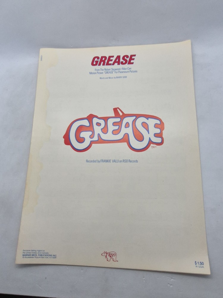 Grease Recorded by Frankie Valli 1978 Sheet Music Piano Vocal Guitar