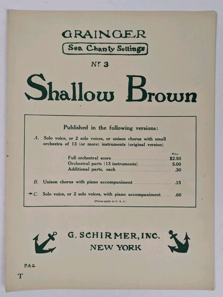 Shallow Brown Percy Grainger Sea Shanty Settings for Solo Voice(s) and Piano