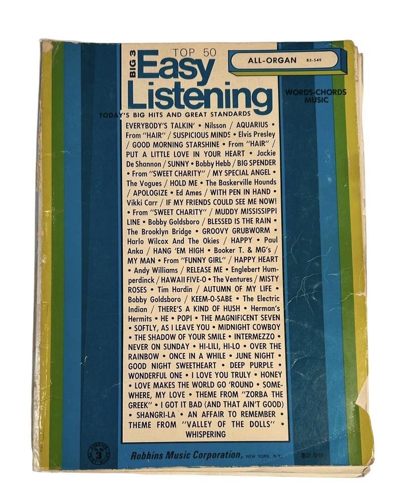 1969 Big 3 Easy Listening Top 50 All-Organ Music Book Junk Journal Ephemera