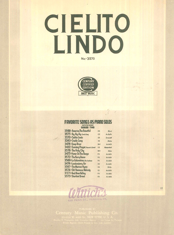 Cielito Lindo Sheet Music Piano Solo Voice 1942 Rolfe Fernandez Dream of Me