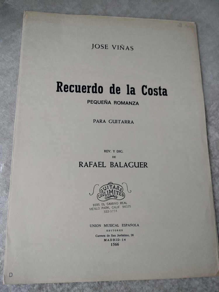 Jose Vinas, Recuerdo De La Costa, Classical Guitar Sheet Music Solo