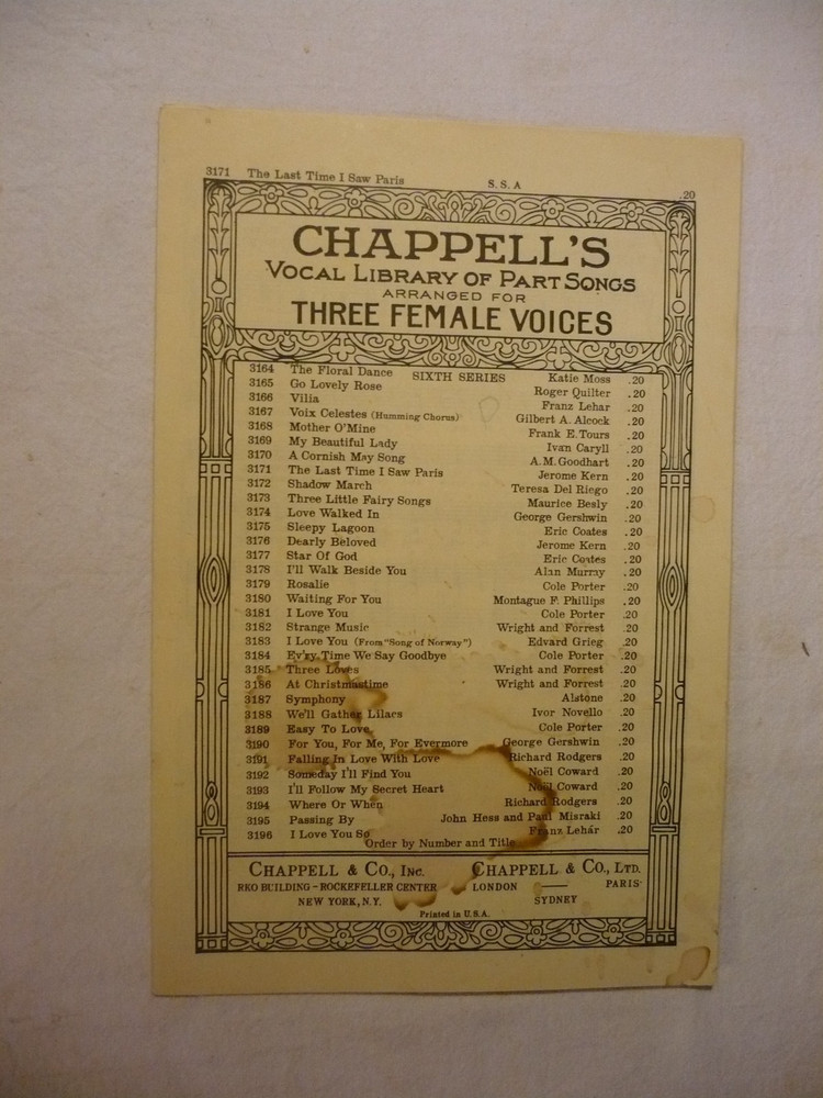 Chappells Vocal Library of Part Songs Three Female Voices Sheet Music 3171 I