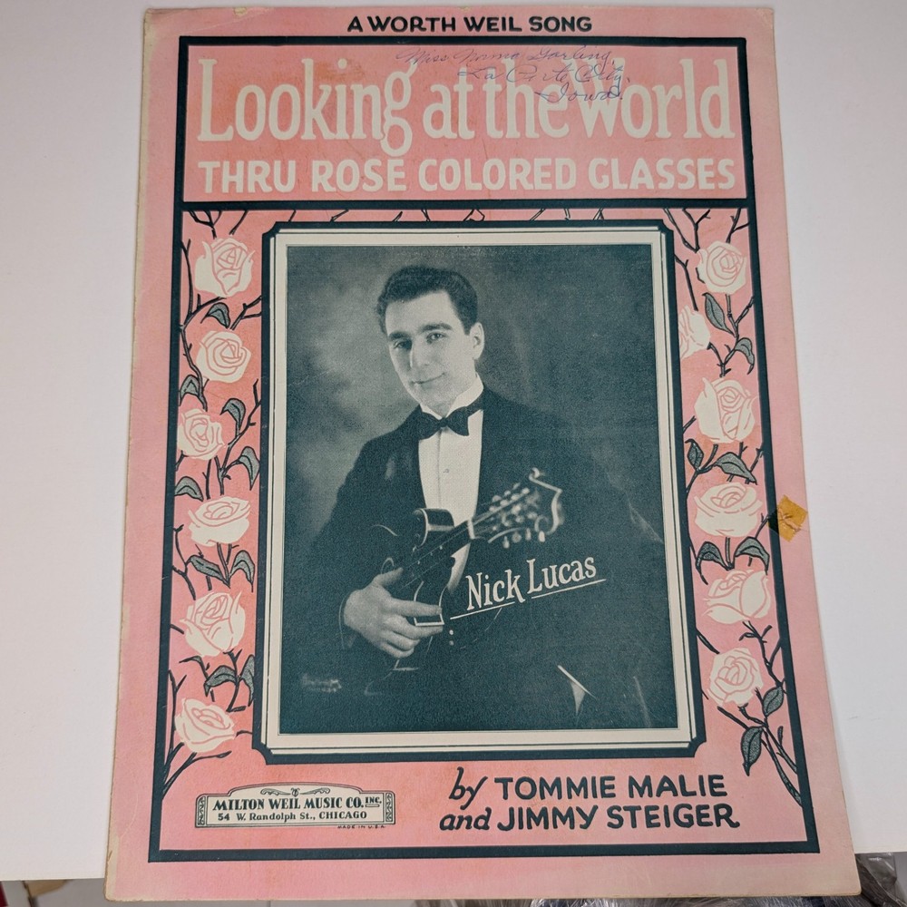 1926 Nick Lucas LOOKING AT THE WORLD THRU ROSE COLORED GLASSES Sheet Music Vtg