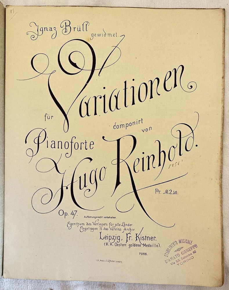 Variationen Opera 47 Hugo Reynhold Pianoforte Spartiti 1800 Austria