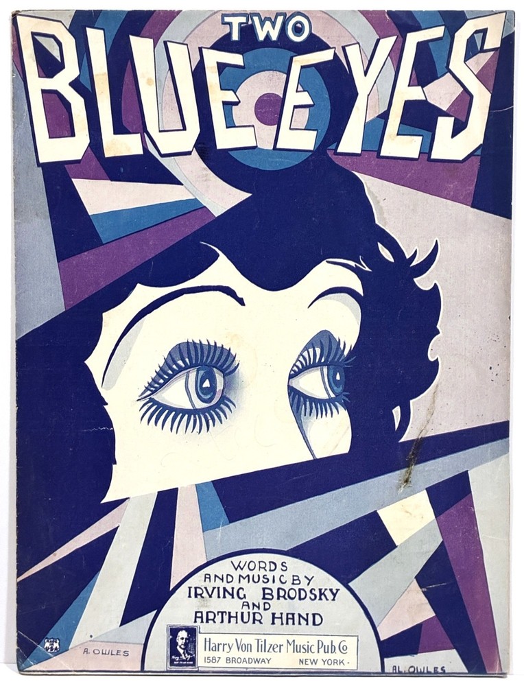1924 « TWO BLUE EYES » ART DECO COVER SHEET MUSIC – OWLES ILLUSTRATION