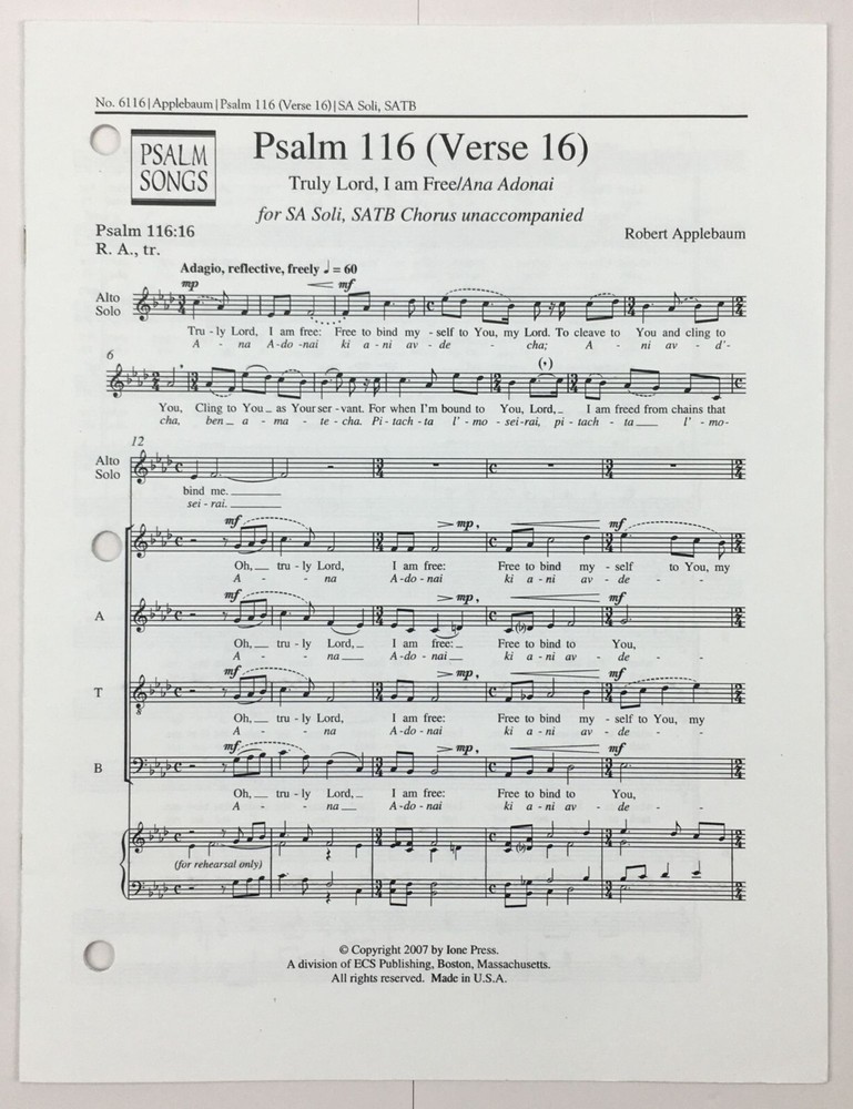 Psalm 116 Verse 16 Truly Lord I am Free SATB Chorus Unaccompanied Sheet Music
