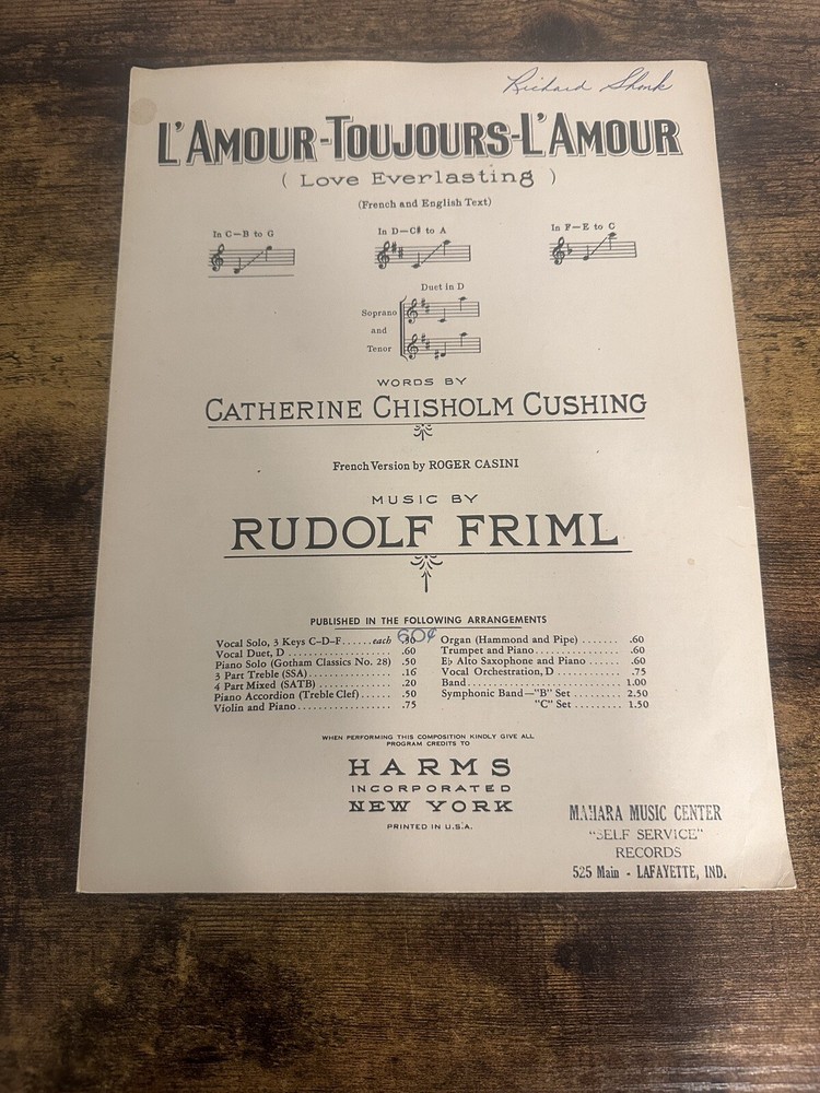 SHEET MUSIC French and English L&rsquo;Amour-Toujours L&rsquo;Amour Piano 1940