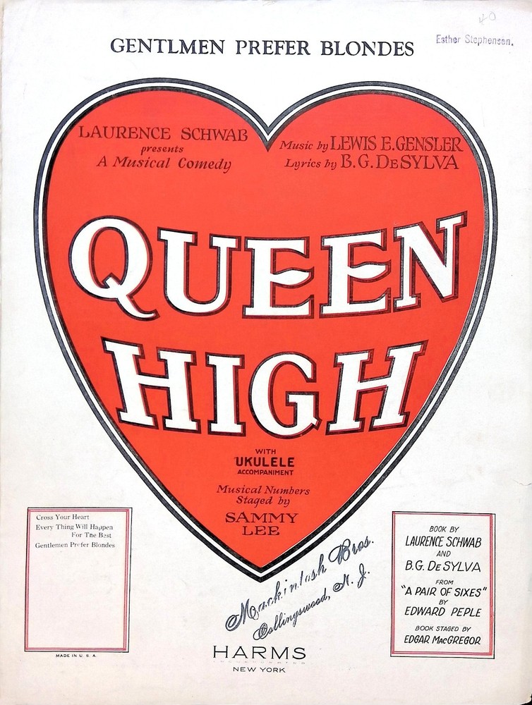 Gentlemen Prefer Blondes Sheet Music Queen High 1926 Musical Lewis Gensler