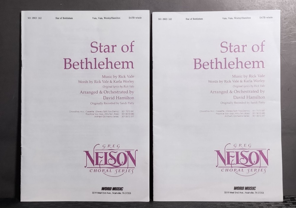 STAR OF BETHLEHEM Rick Vale Sandi Patty Greg Nelson Choral SATB w Solo Lot of 2